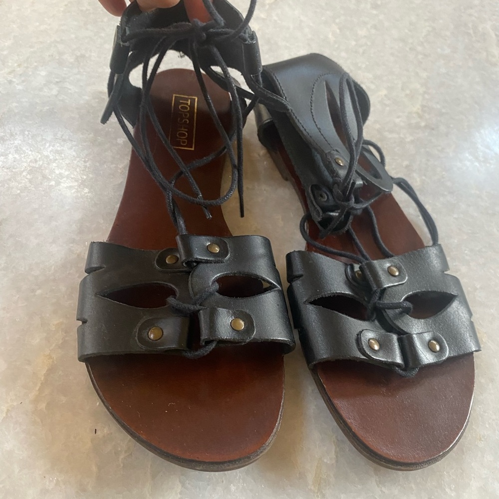 TOPSHOP Women's Black Leather Lace-Up Sandals Size 38